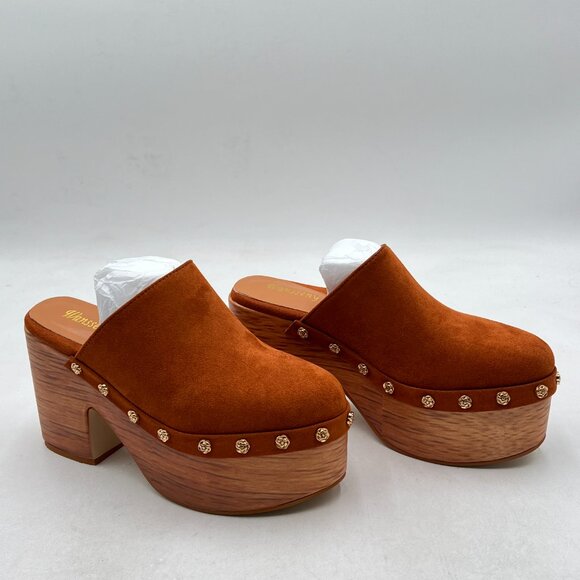 Brown Round Toe Studded Platform Mule Slip on Cork Chunky Block High Heel Clogs - Picture 4 of 8